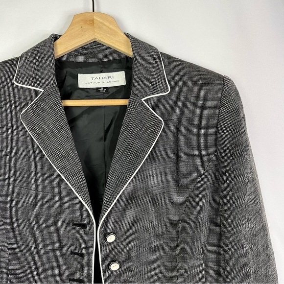 Tahari Gray Micro Plaid White Trim 5 Button Blazer Jacket 4 - Picture 3 of 5